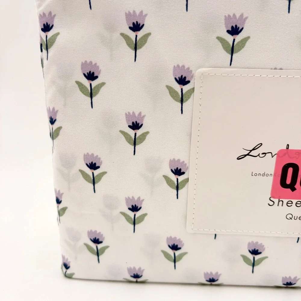 London‎ Kaye Queen Sheet Set White Purple Tulip Floral Print Microfiber 4 Piece
